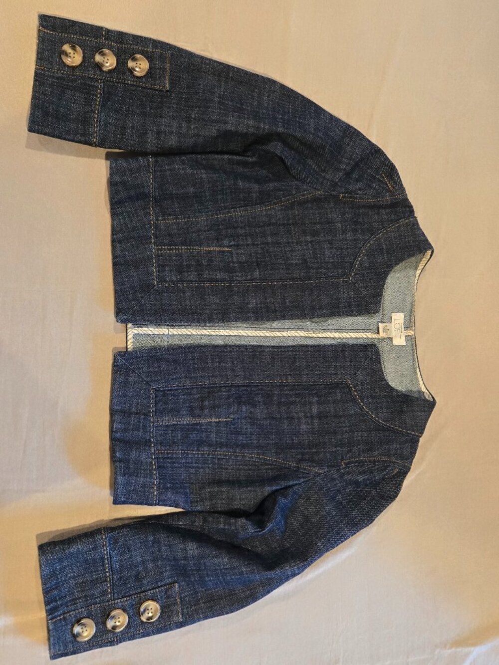 LOFT Cropped Collarless Denim Jacket Blue Jean Blazer Open Front Size 6 - Picture 2 of 15
